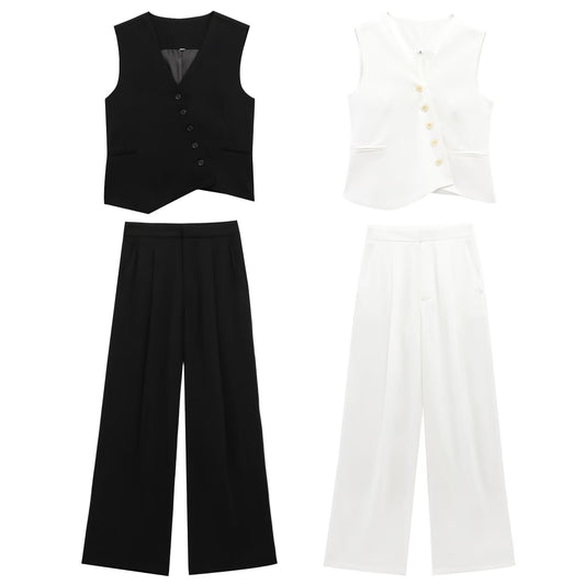 Women's new fashion V-neck asymmetrical Button-up vest+Pants suit