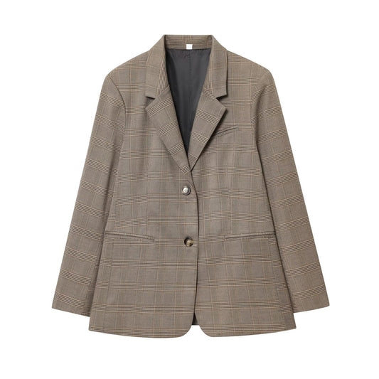 Women's new fashion loose single breasted linen blended plaid suit jacket