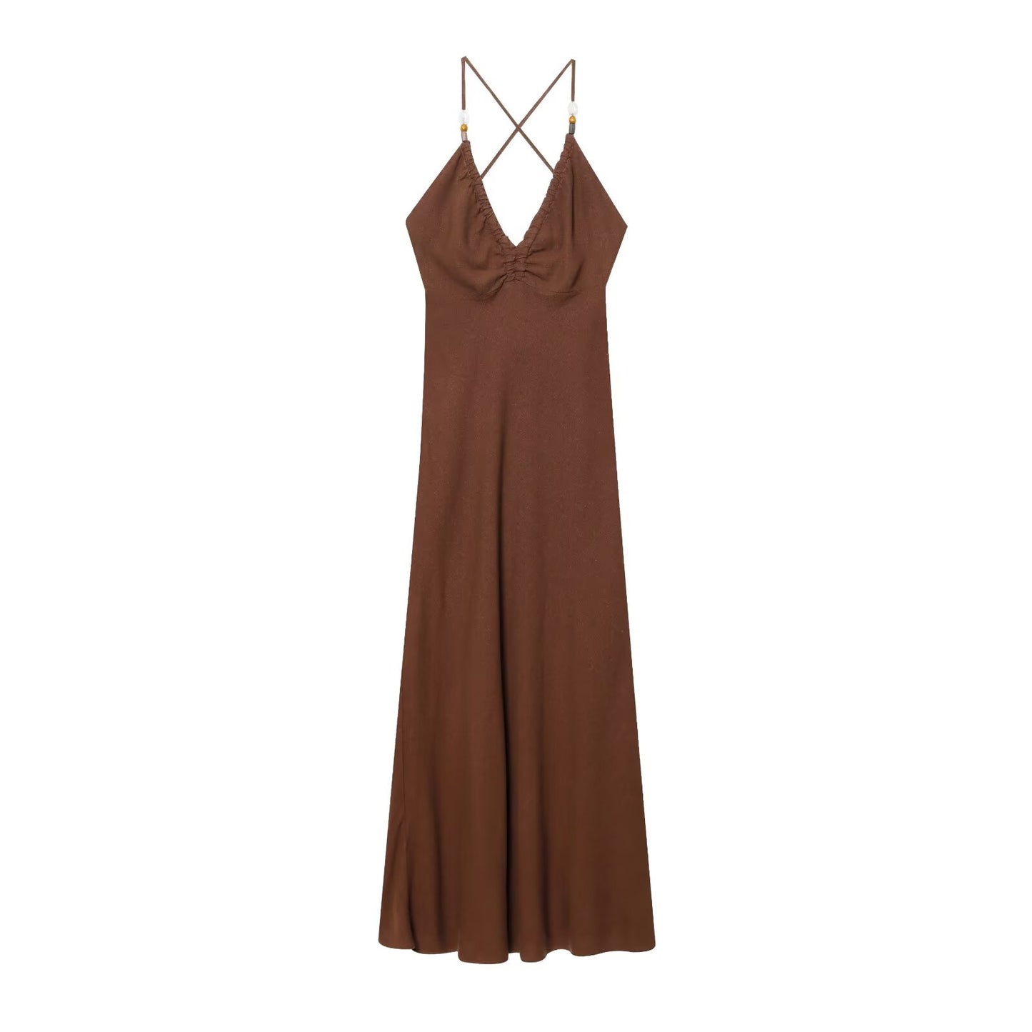 Women's new fashion slim backless V-neck linen blended suspender MIDI dress