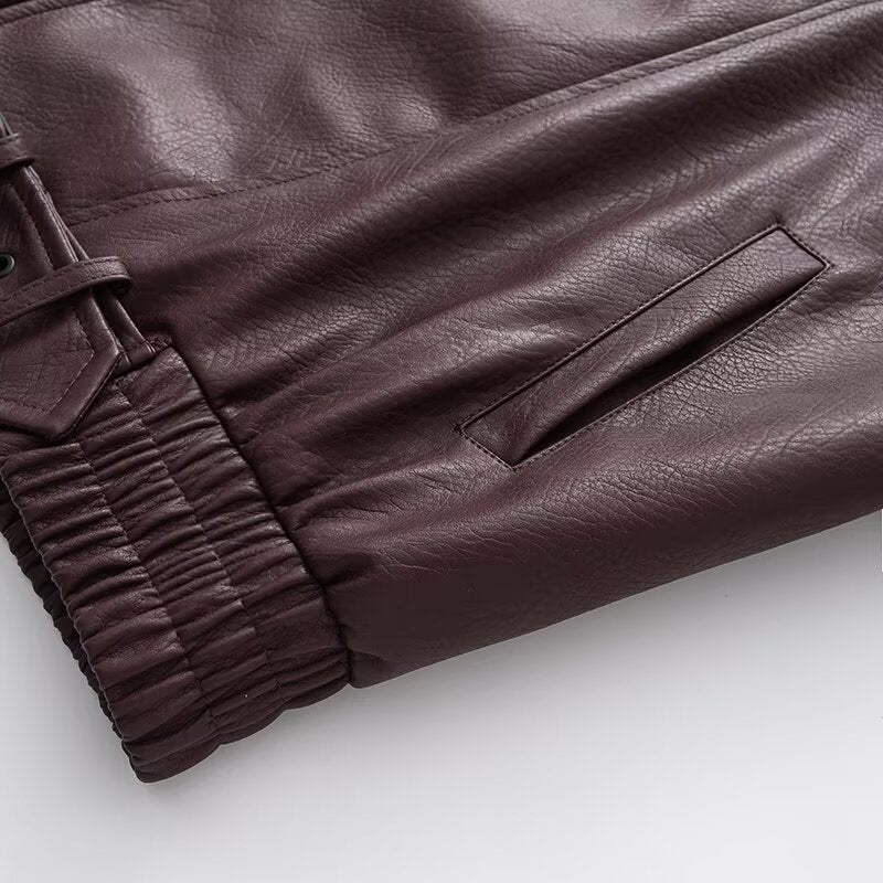 Women's with Belt loose zipper imitation leather jacket Coat