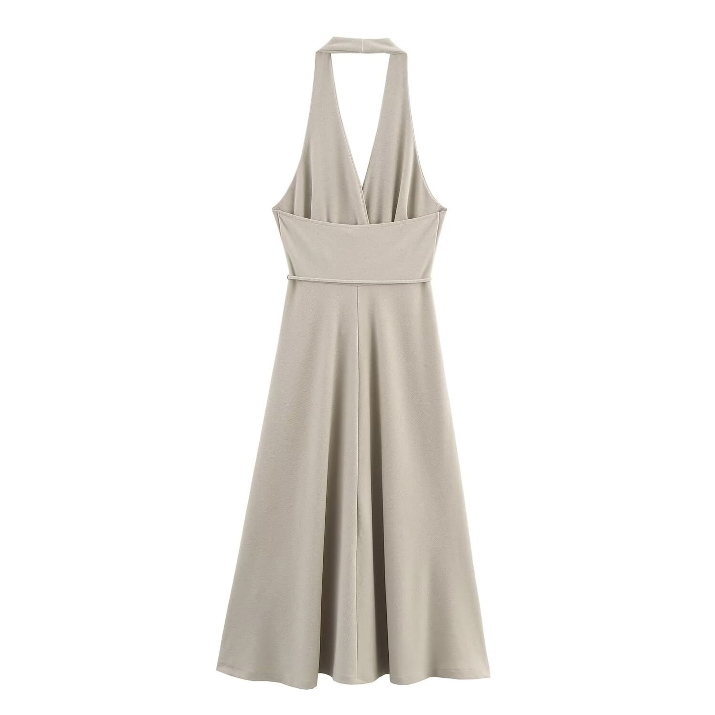 Ladies' new fashion belt decoration sleeveless backless hanging neck MIDI dress