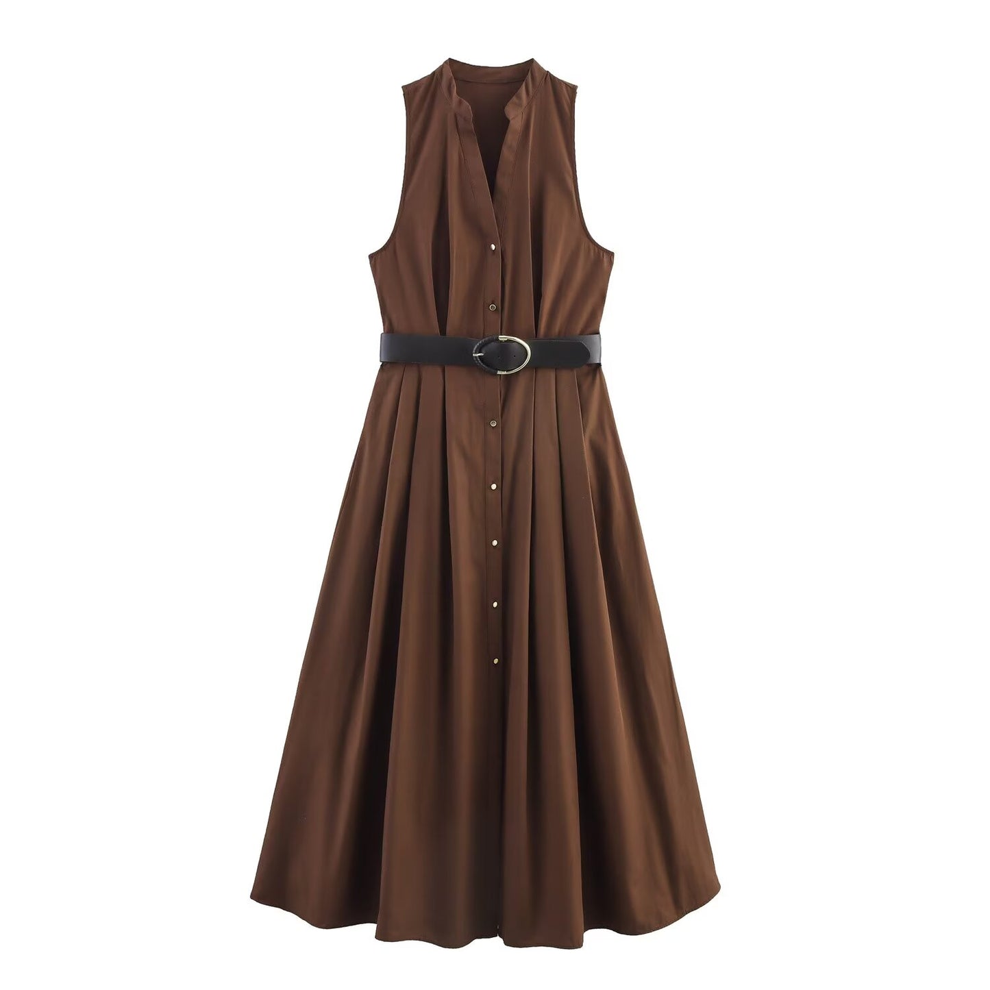 Women's new chic fashion With belt casual single breasted poplin MIDI dress retro sleeveless side pocket women's dress