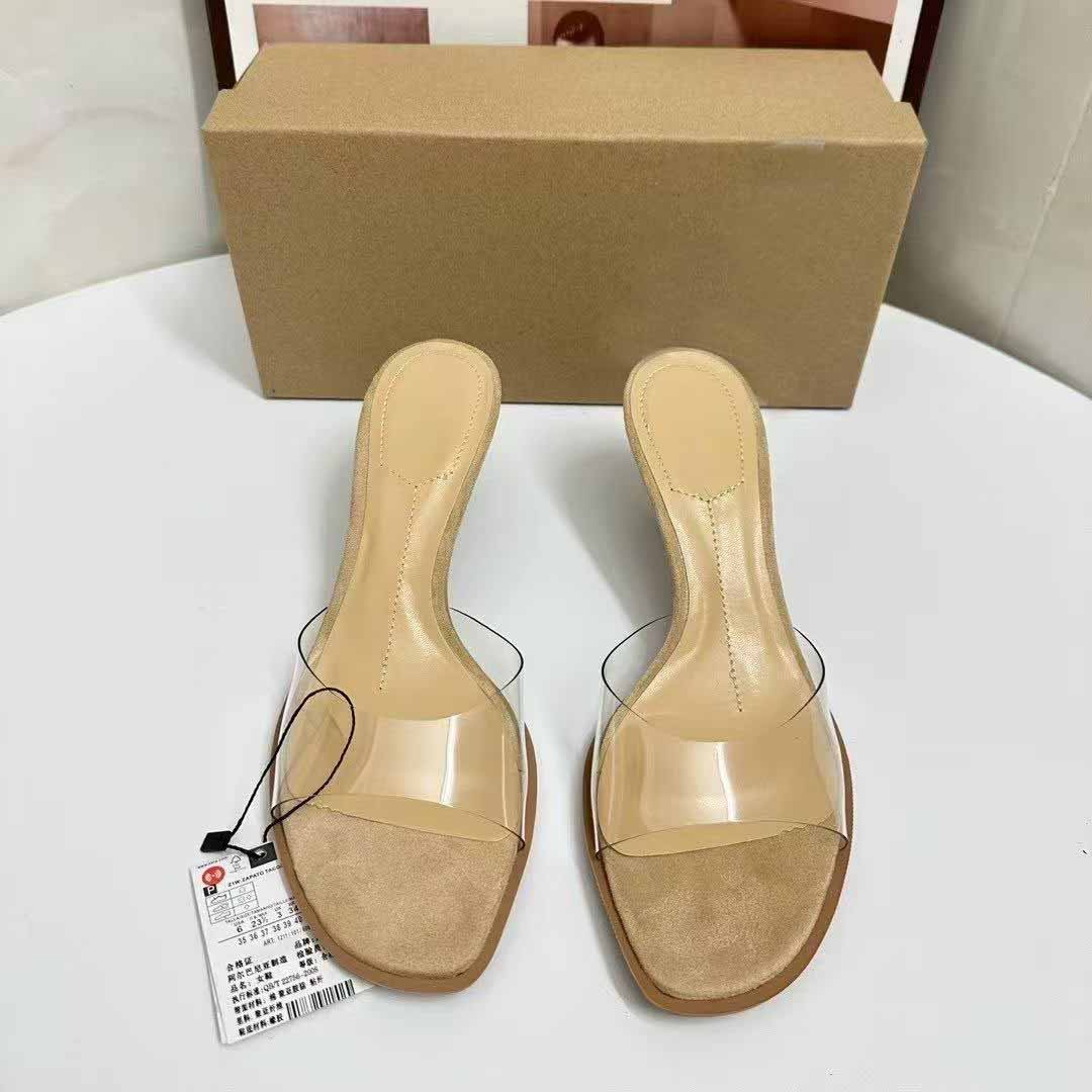 Women's New Fashion Temperament Joker Apricot Transparent Plastic Open-toed Stiletto Sandals.