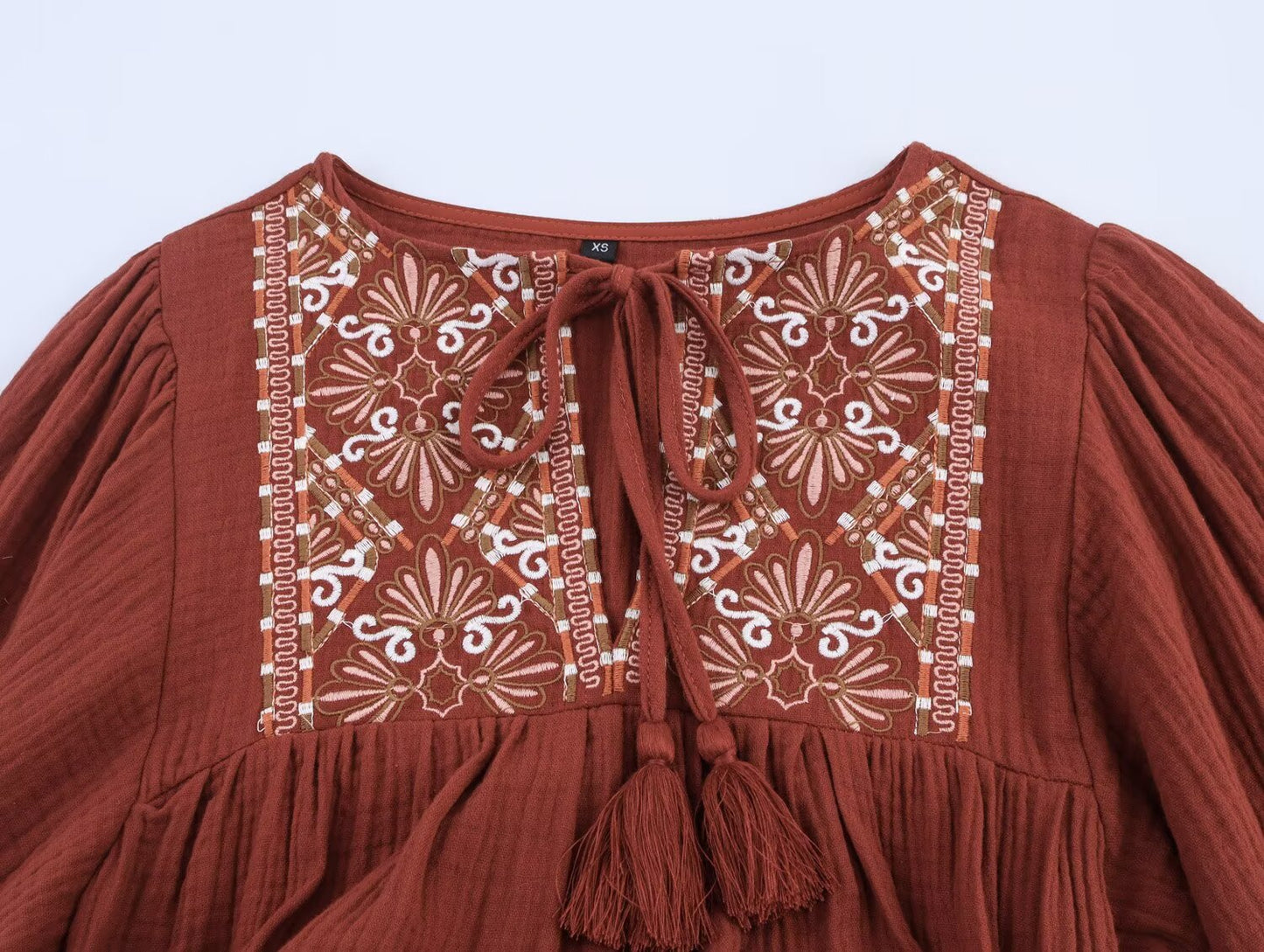 Women's new fashion loose long sleeved lace up embroidered mini dress