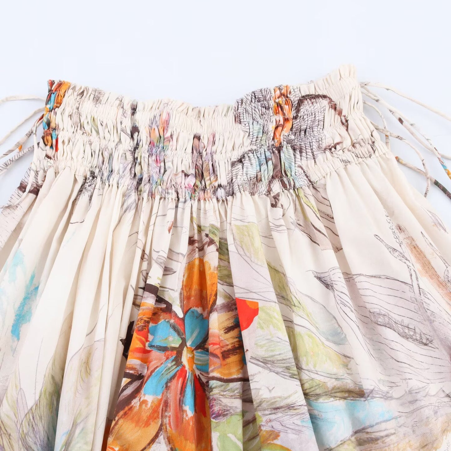 Women's new fashion elastic waist drawstring printed pleated MIDI skirt