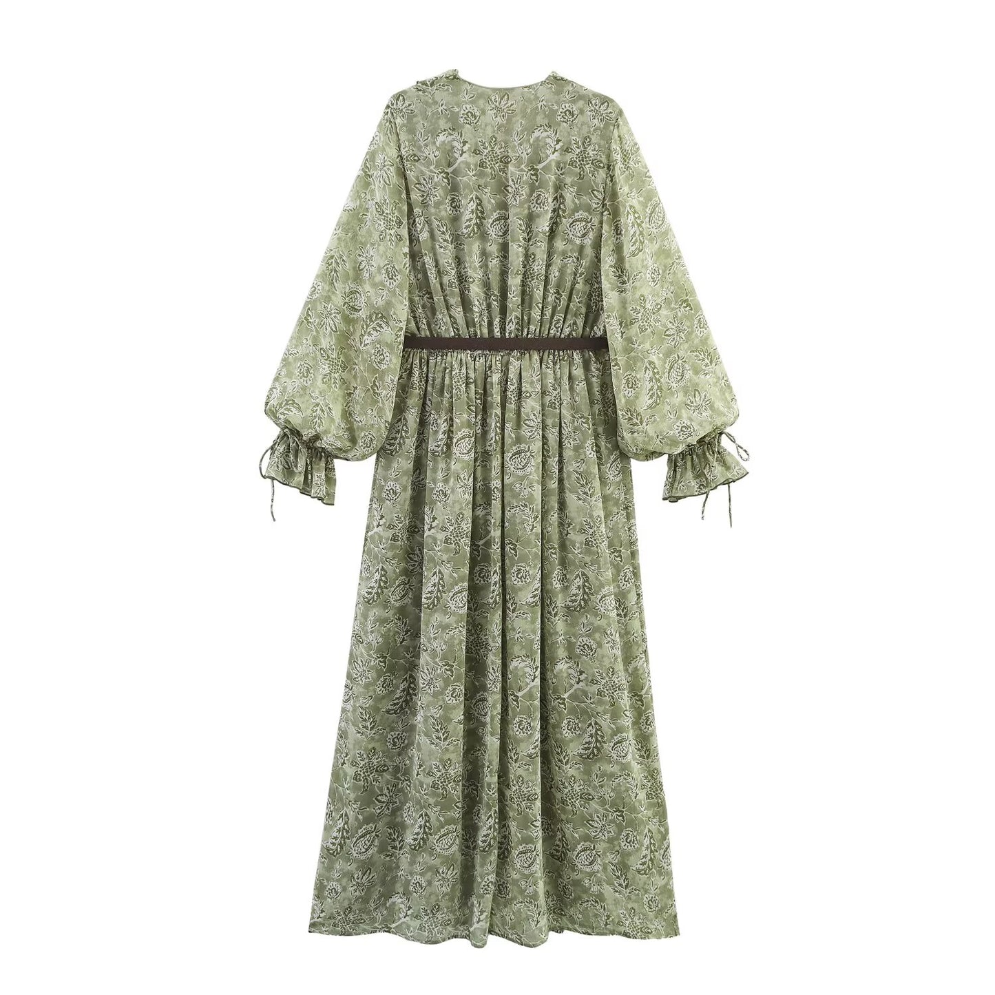 Women's new chic fashion With belt casual layered decoration print V-neck MIDI dress retro long sleeved lace up women's dress