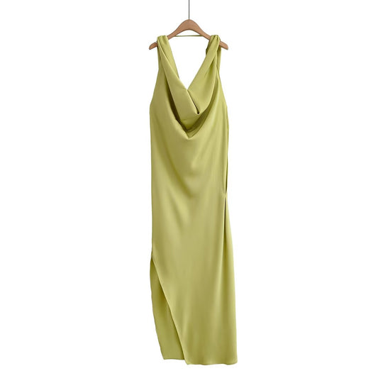 Women's New Fashion Solid Satin Texture Sleeveless draped Midi Dress