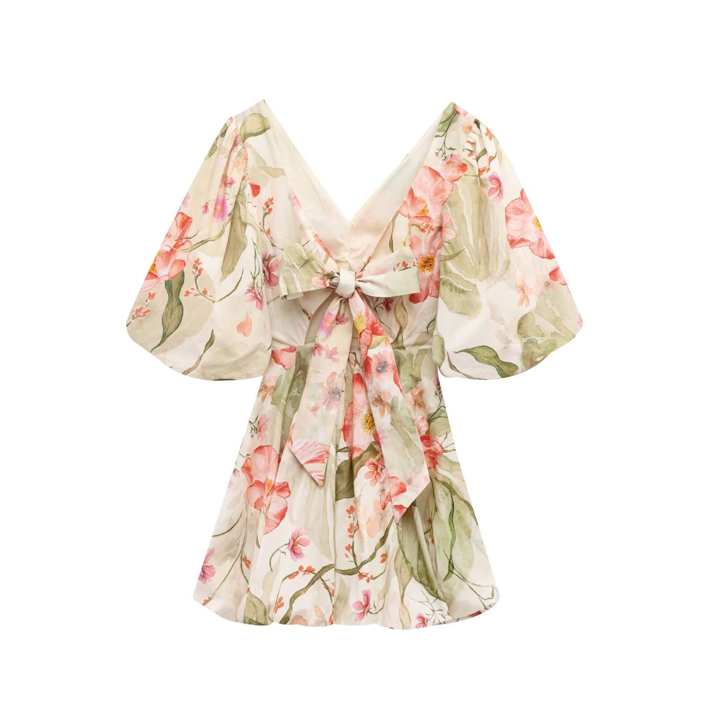 Women's new fashion backless bow decoration print bubble short sleeved mini dress