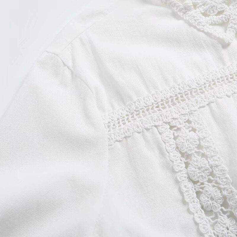 Women's new fashion casual single breasted long sleeved lace patchwork shirt+Shorts Women's suit