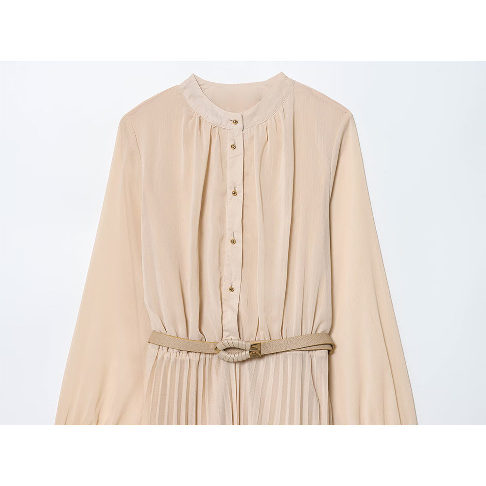 Women's New Fashion With Belt Long Sleeve Pleated Midi Dress