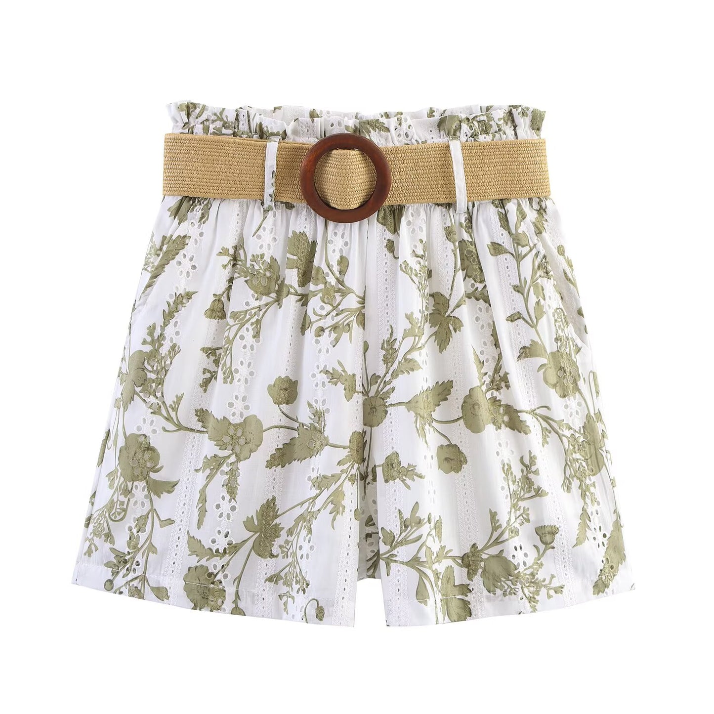 Women's new fashion short sleeved hollow embroidery printed top+shorts suit