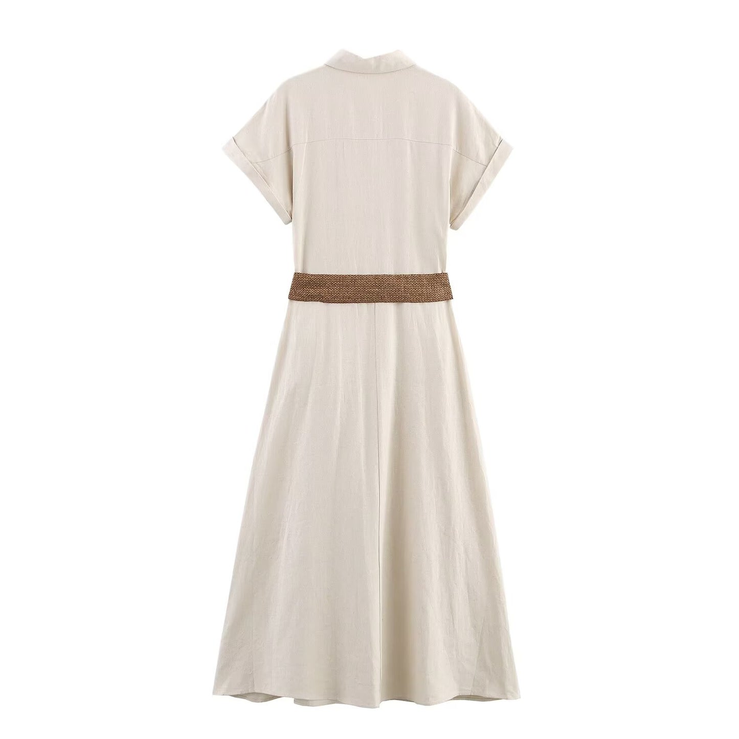Women's' New Fashion With Belt Short sleeved Single breasted Linen Blended Midi Dress