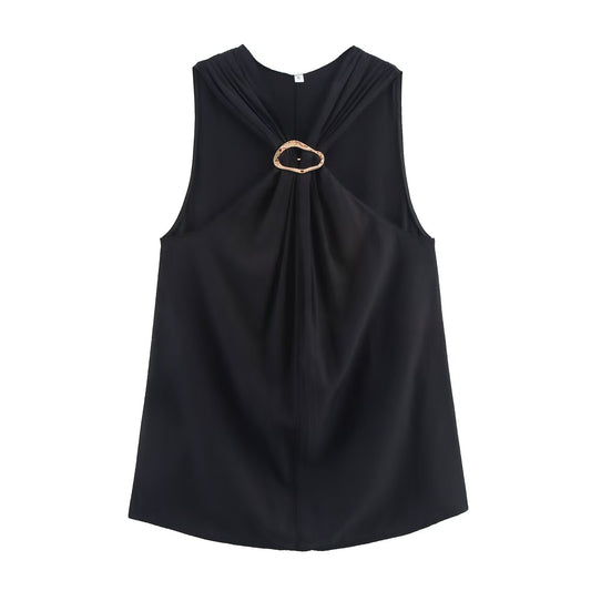 Women's new fashion brooch decoration sleeveless hanging neck top