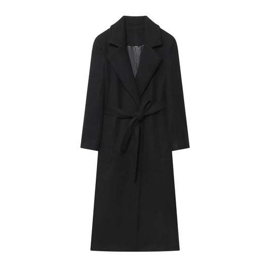 Women's New Fashion With Belt Black Long Style Wool Blended Woolen Coat