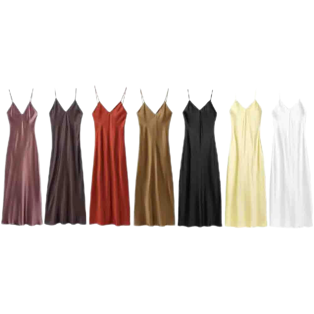 Women's New Fashion Solid Underwear Style Satin Texture suspender Midi Dress