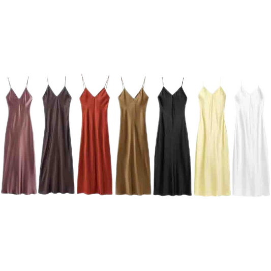 Women's New Fashion Solid Underwear Style Satin Texture suspender Midi Dress