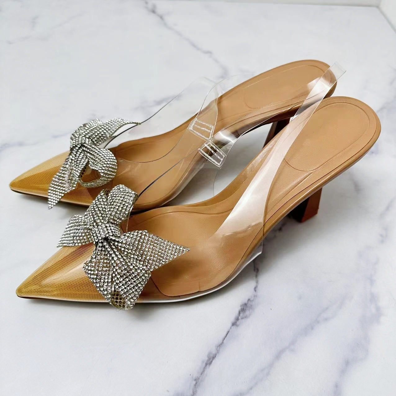 Women's New Fashion Joker Pointed Rhinestone Bow Transparent High-heeled Shoes Stiletto Heel Strap Women's Sandals