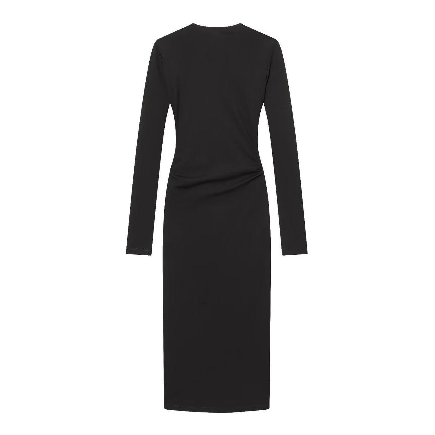 Women's metal buckle decoration V-neck pleated dress