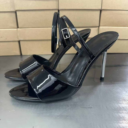 Women's New Fashion Fishmouth Patent Leather Metallic Silver High-heeled Sandals with Fashionable Ladies.