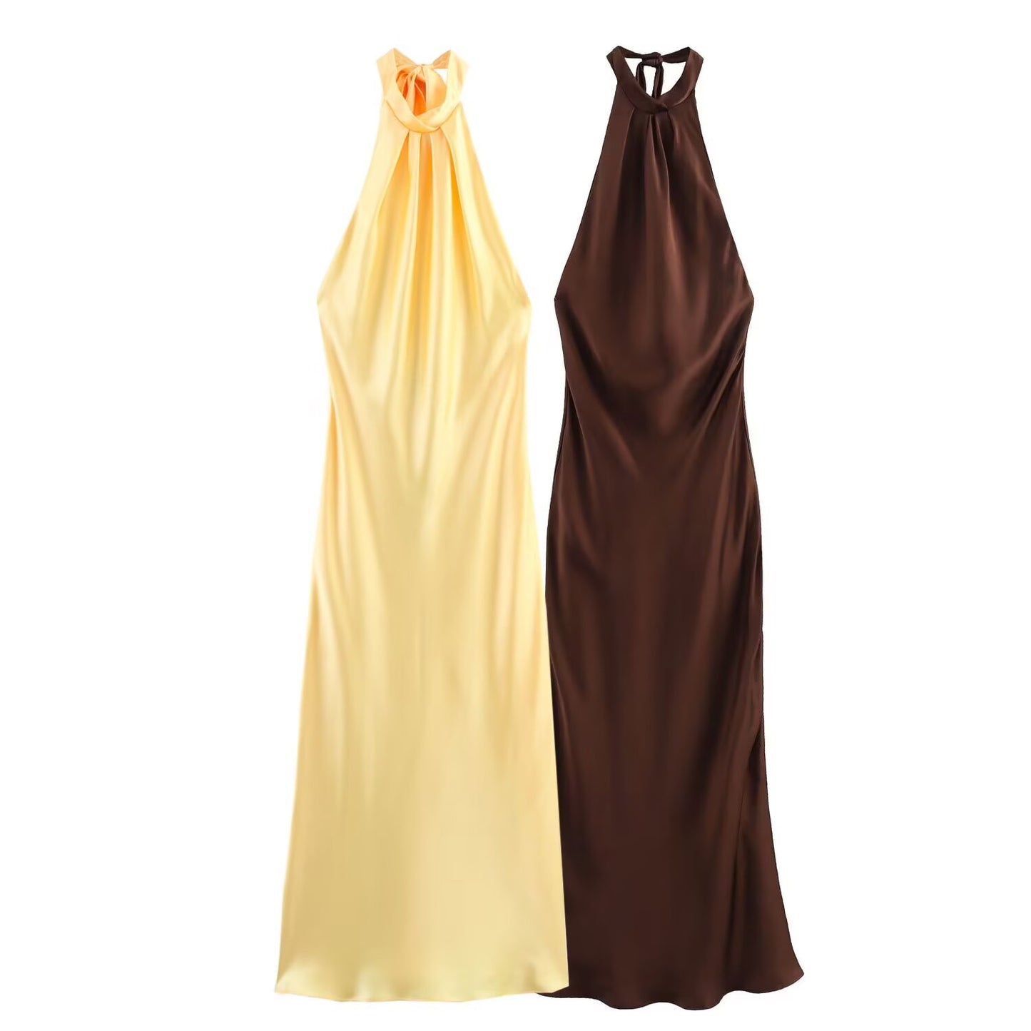 Women's new fashion backless satin texture hanging neck MIDI dress
