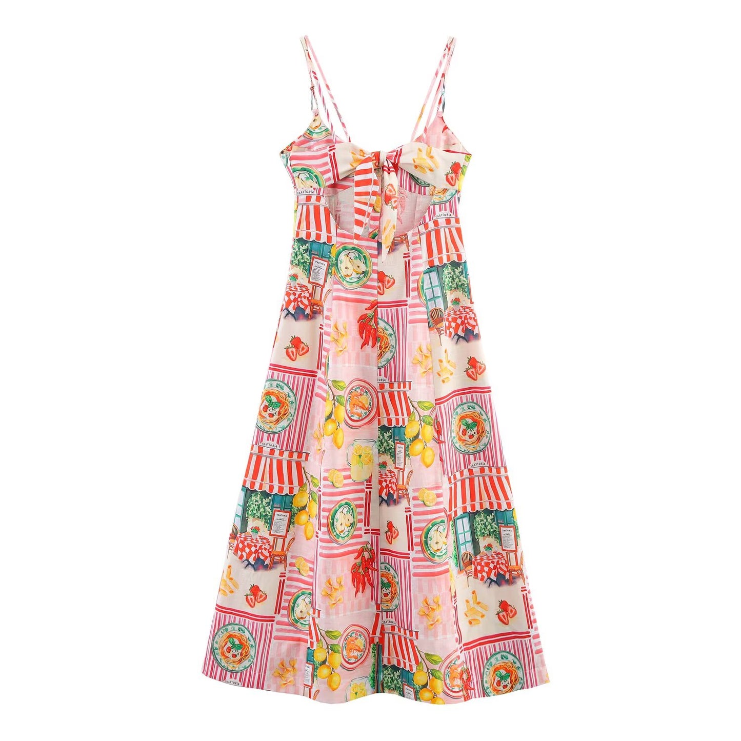 Women's New Fashion Linen Blended Patchwork Printed suspender Midi Dress