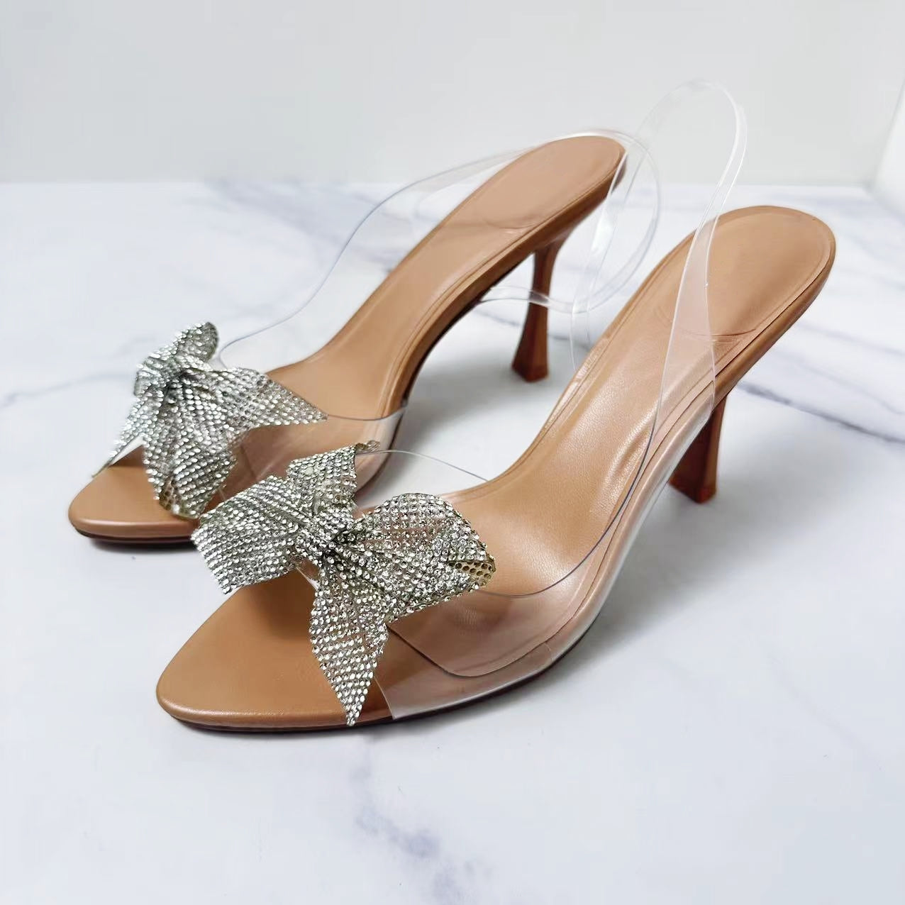Women's New Fashion Joker Bow Decorated with Plastic High-heeled Sandals French Crystal Women's Sandals.