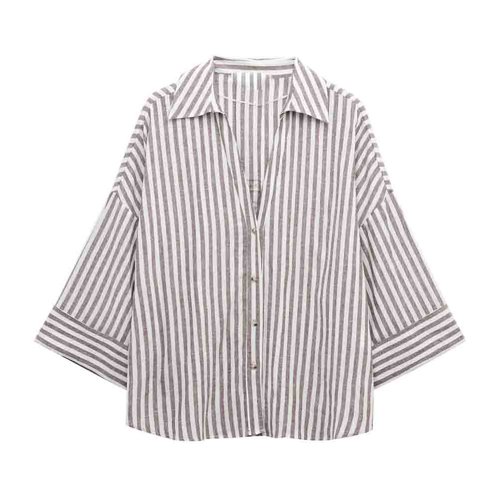 Women's 2025 new fashion linen blended button up striped shirt retro wide sleeved women's shirt chic top