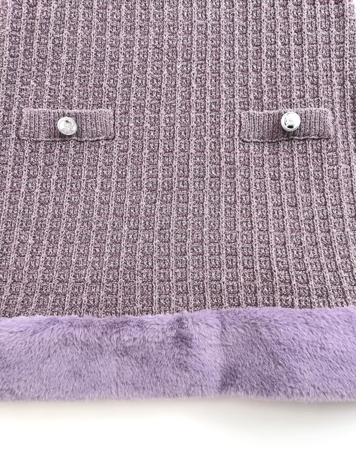 Women's new fashion faux fur effect short sleeved knitted mini dress