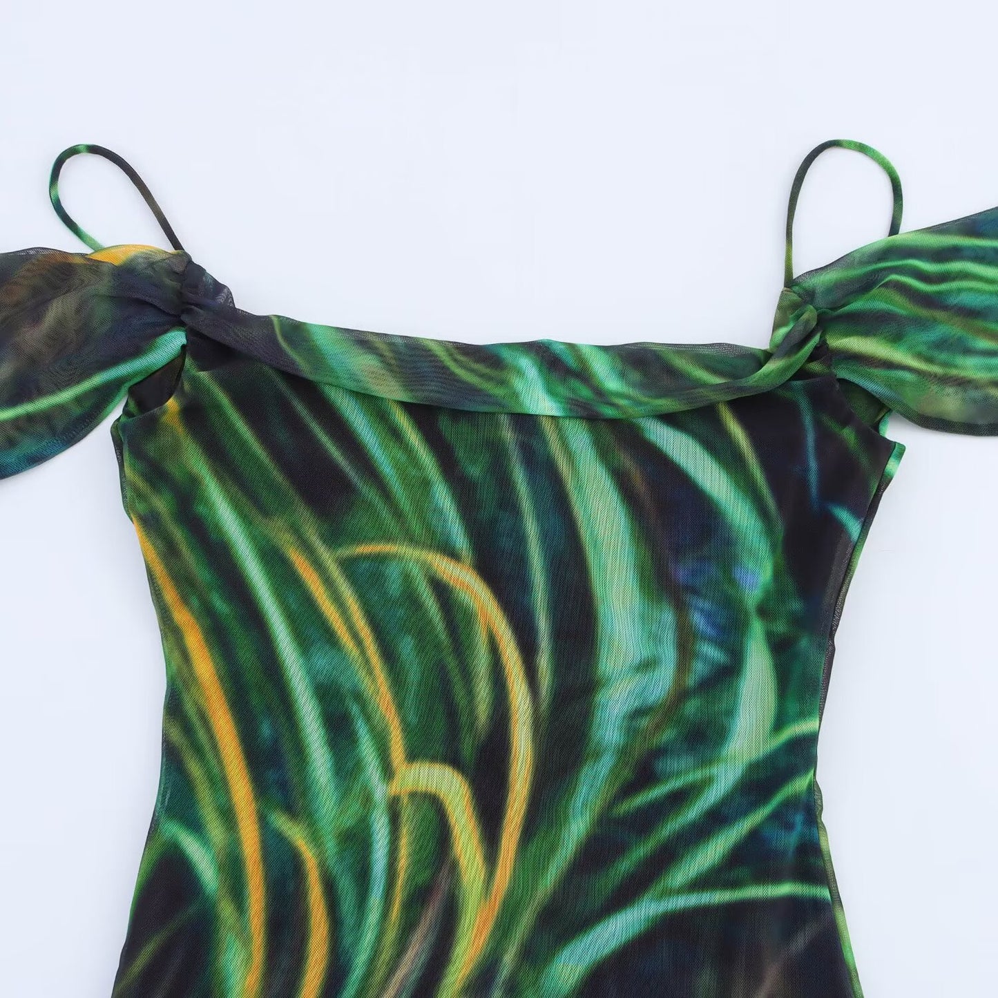 Women's new chic Fashion printed tulle suspender Midi dress retro off shoulder women's dress