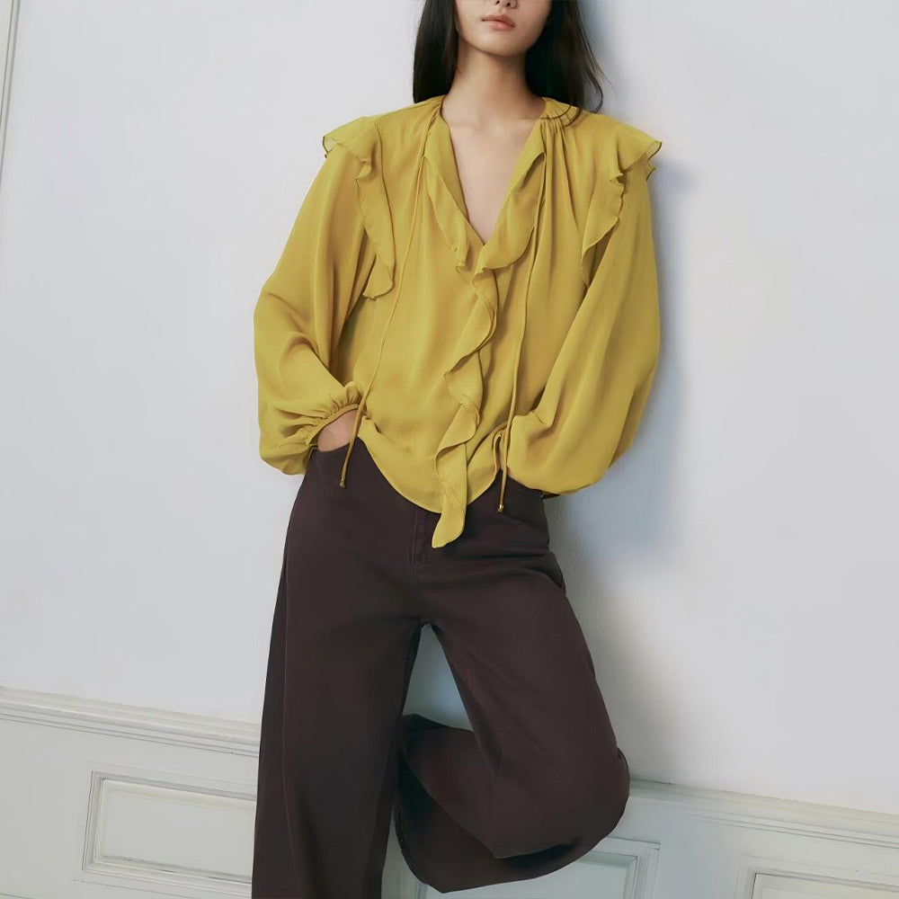 Women's new fashion layered decoration casual lace up shirt