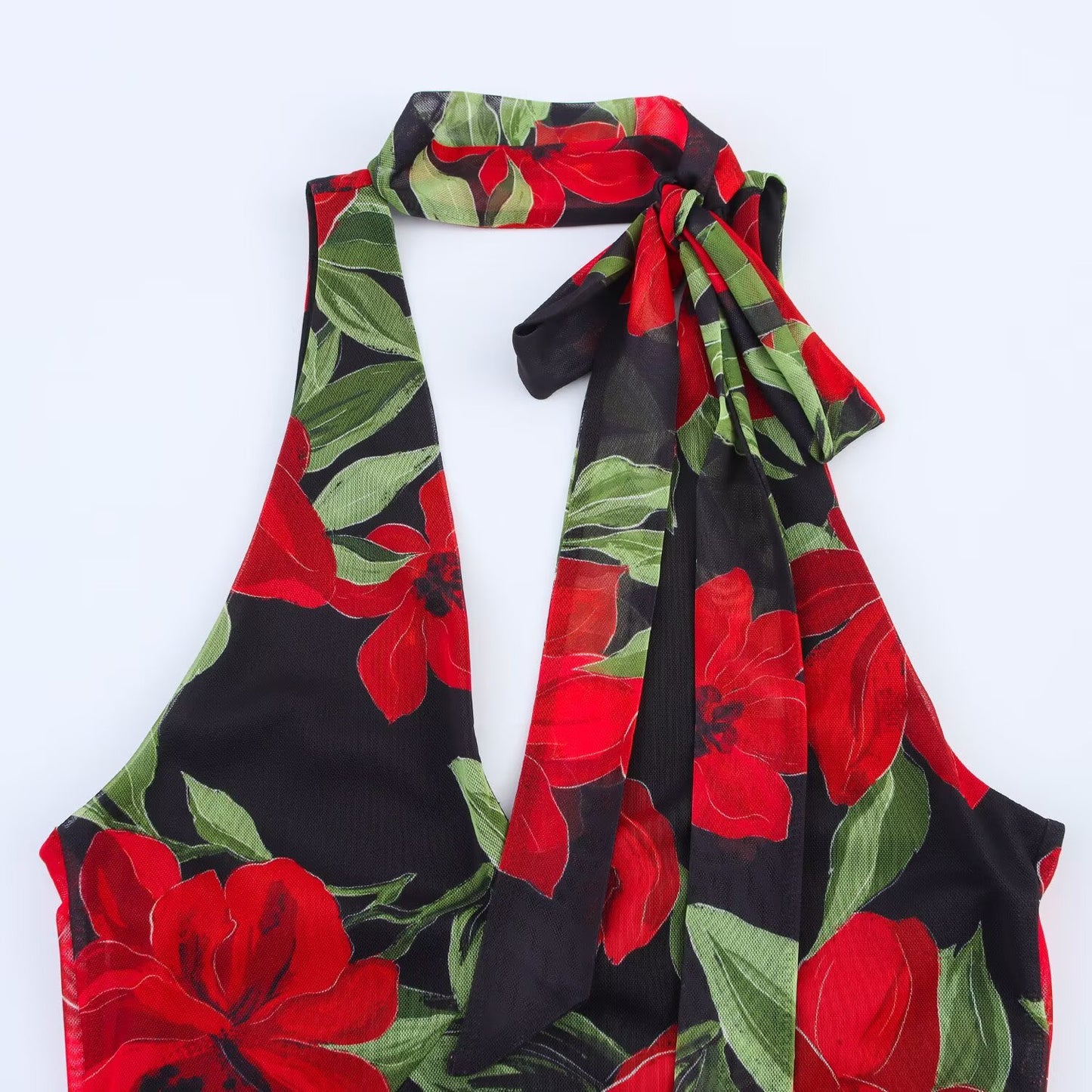 Women's 2025 New Fashion Printed Tulle Hanging Neck Collar Midi Dress