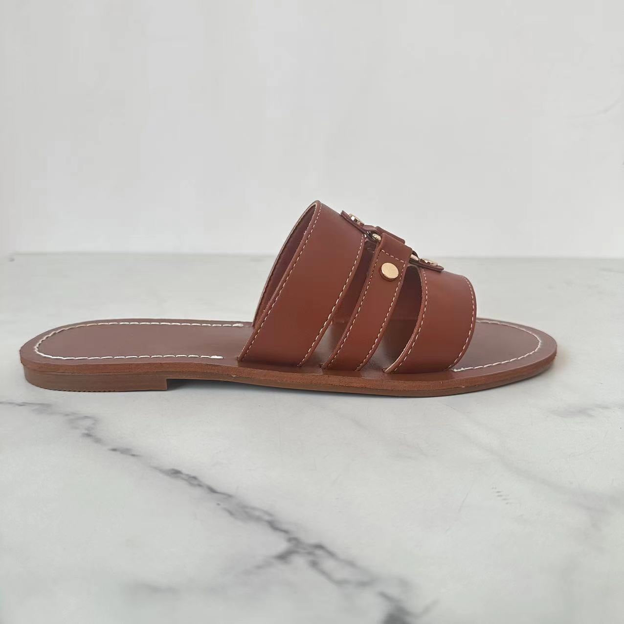 Women's New Fashion Joker Leather Lace Breathable Casual Round-headed Flat Sandals