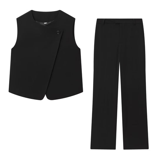 Women's new fashion black O Neck Button-up vest+Pants suit