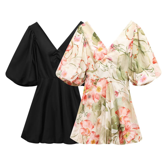 Women's new fashion backless bow decoration print bubble short sleeved mini dress