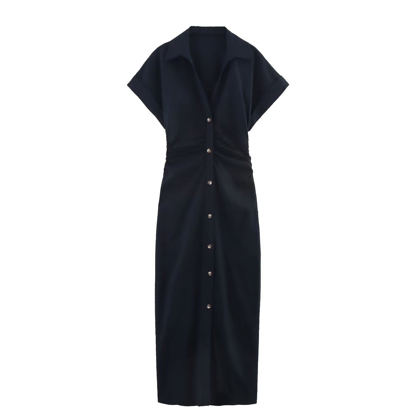 Women's new chic fashion pleated decoration slim single breasted linen blended MIDI dress retro short sleeved women's dress