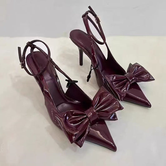 Women's New Fashion Joker Red Bow Decorated with High-heeled Shoes with Stiletto Sandals
