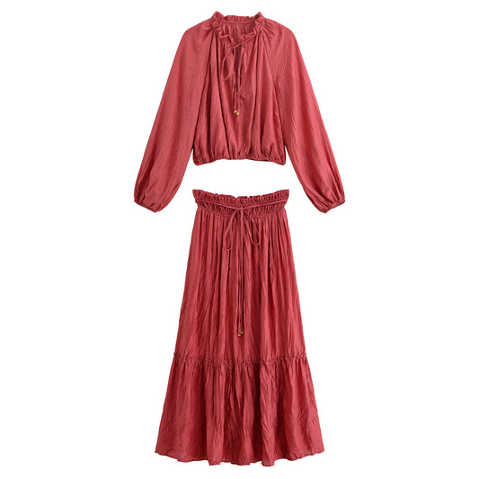 women's New fashion wrinkle effect short long sleeved lace up shirt+Skirts Women's suit