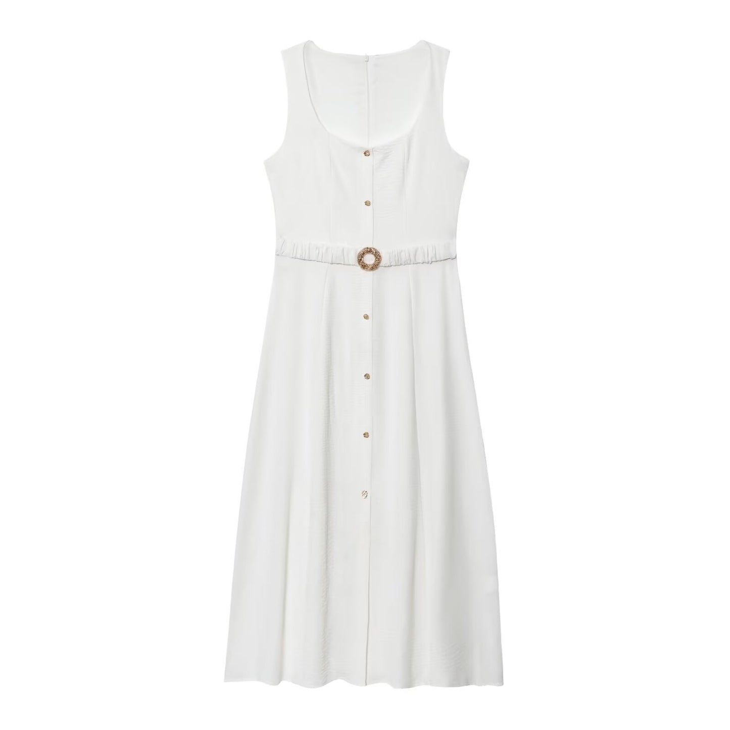 Women's New Fashion With Belt Sleeveless Square Neck Midi Dress