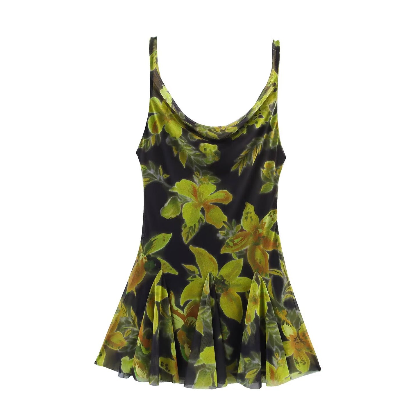 Women's 2025 new Fashion printed tulle suspender mini dress retro sleeveless women's dress