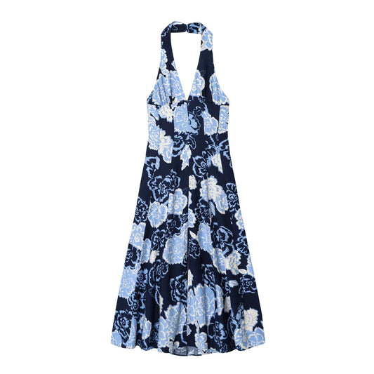 Women's New Fashion Sleeveless Printed Hanging Neck Midi Dress