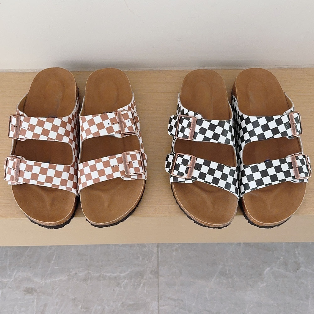 Women's 2026 new fashion cork checkerboard double buckle slippers