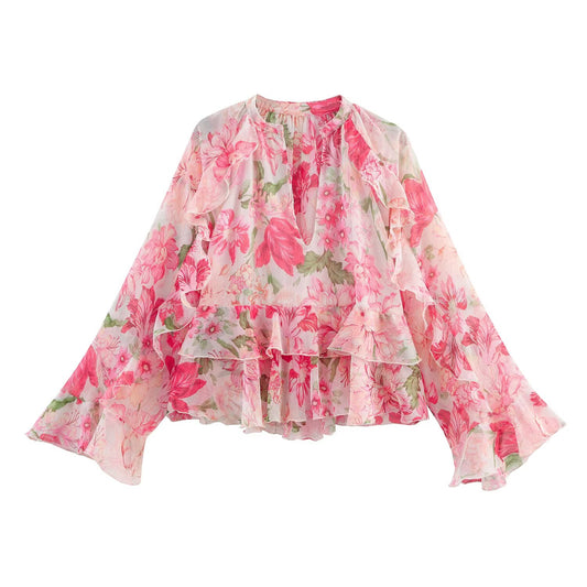 Women's' New Fashion layered decoration long sleeved V-neck floral printed shirt