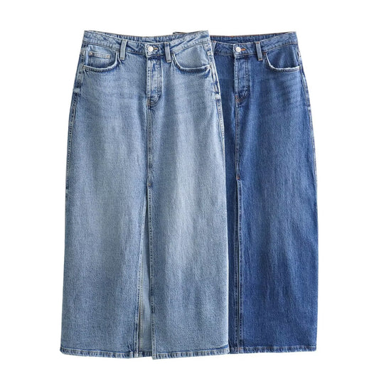 Women's new fashion Split design casual side pocket high waisted denim Midi skirt