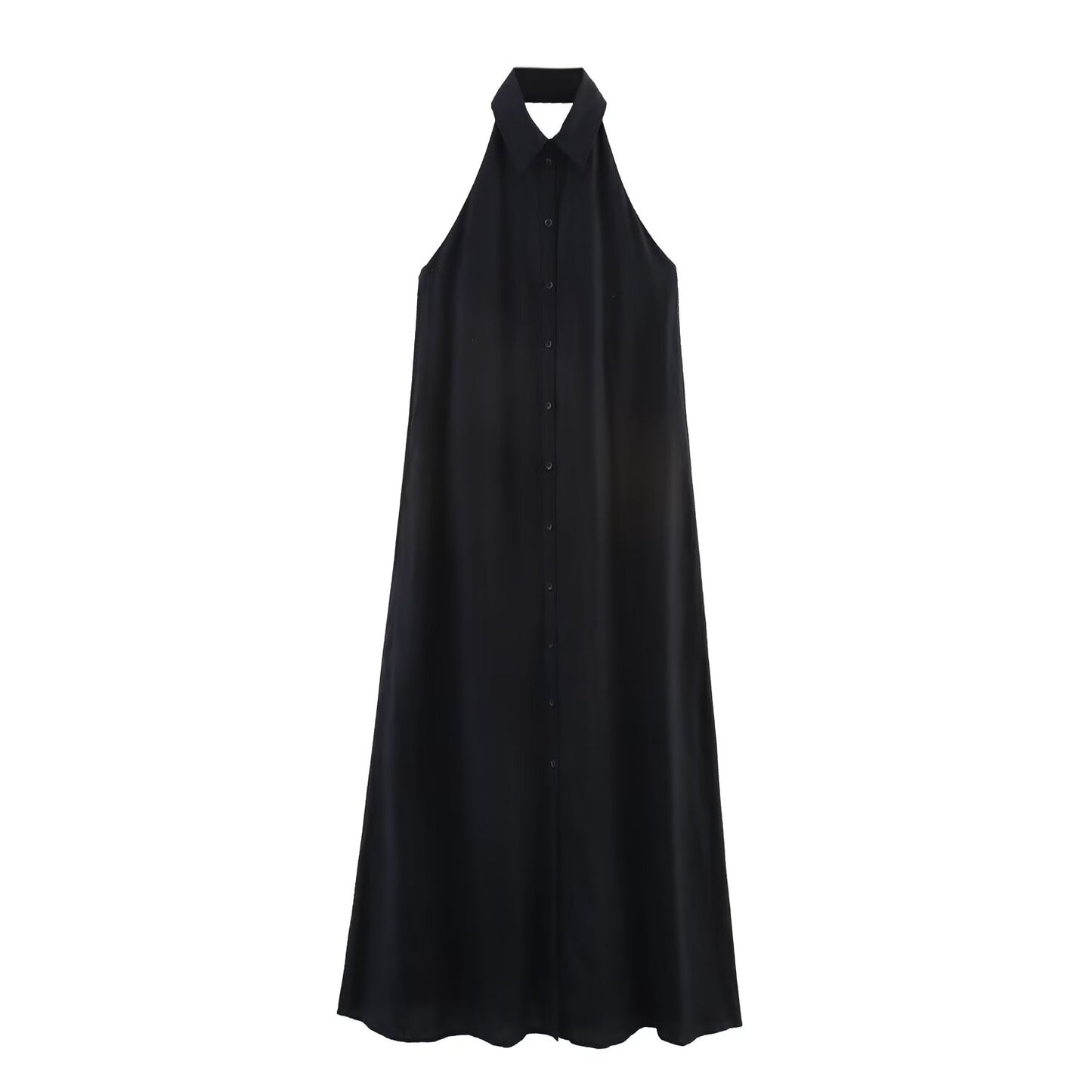 Women's 2025 New Fashion Linen Blended Hanging Neck Midi Dress Retro Sleeveless Button up Women's Dress