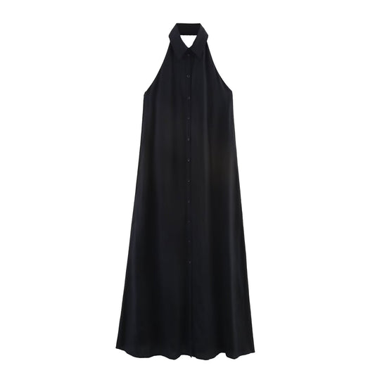 Women's 2025 New Fashion Linen Blended Hanging Neck Midi Dress Retro Sleeveless Button up Women's Dress
