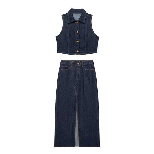 Women's new fashion short single breasted lapel denim vest+Skirts Women's suit