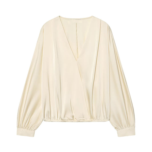2026 Women's satin textured V-neck shirt