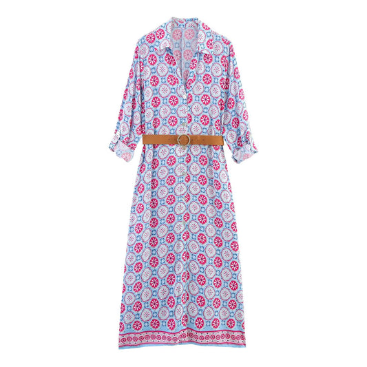 Women's new chic Fashion With Belt printed shirt style MIDI dress retro long sleeved button up women's dress