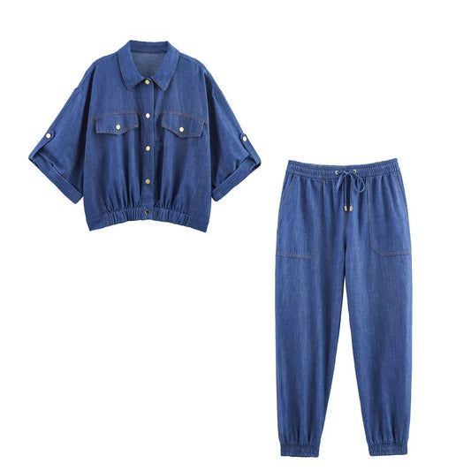 Women's' New Fashion with Belt short sleeved single breasted denim jacket coat+Jeans Women's suit