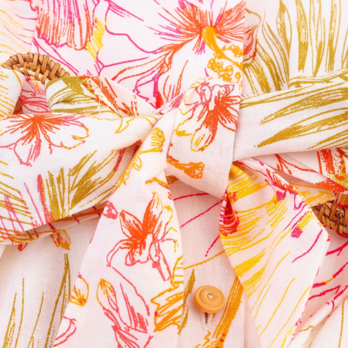 Women's New Chic Fashion With Belt Linen Blended Printed Midi Dress Retro Sleeveless Button up Women's Dress